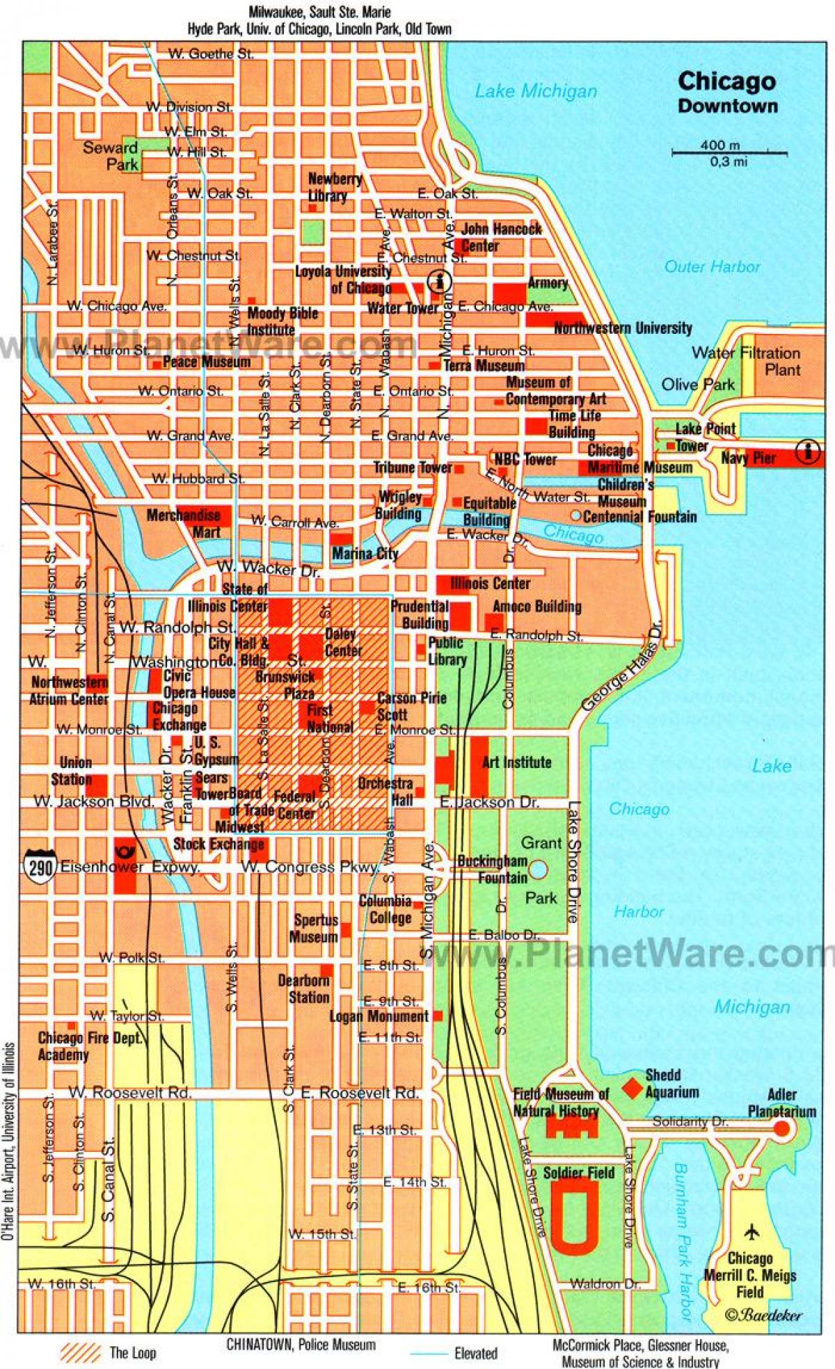 kart av attraksjonene i Chicago