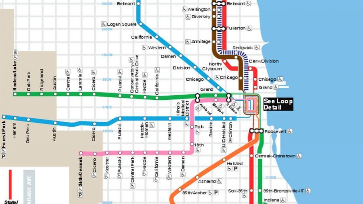 kart over Chicago blå linje